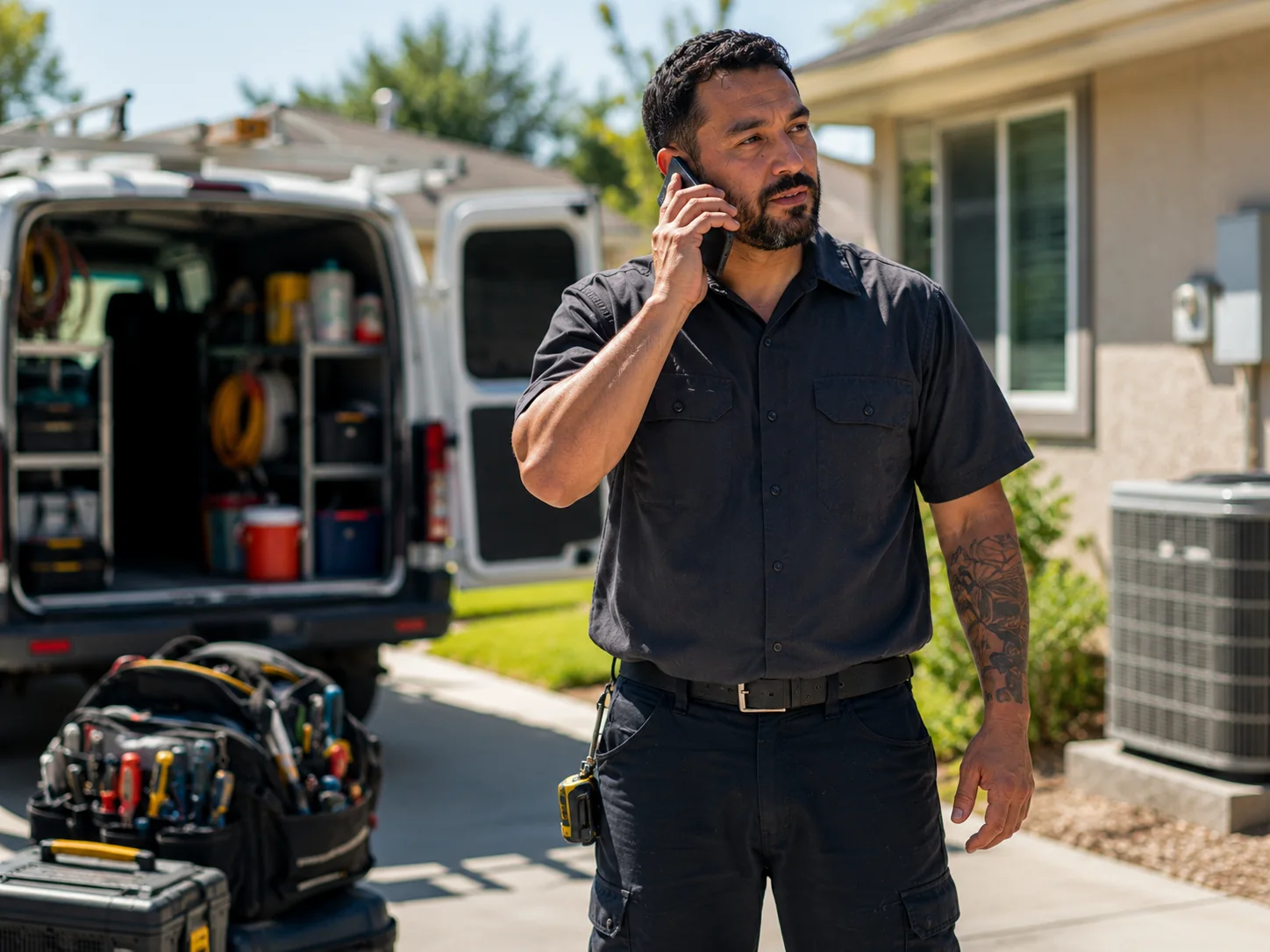 Home service technician calling a customer from a job site