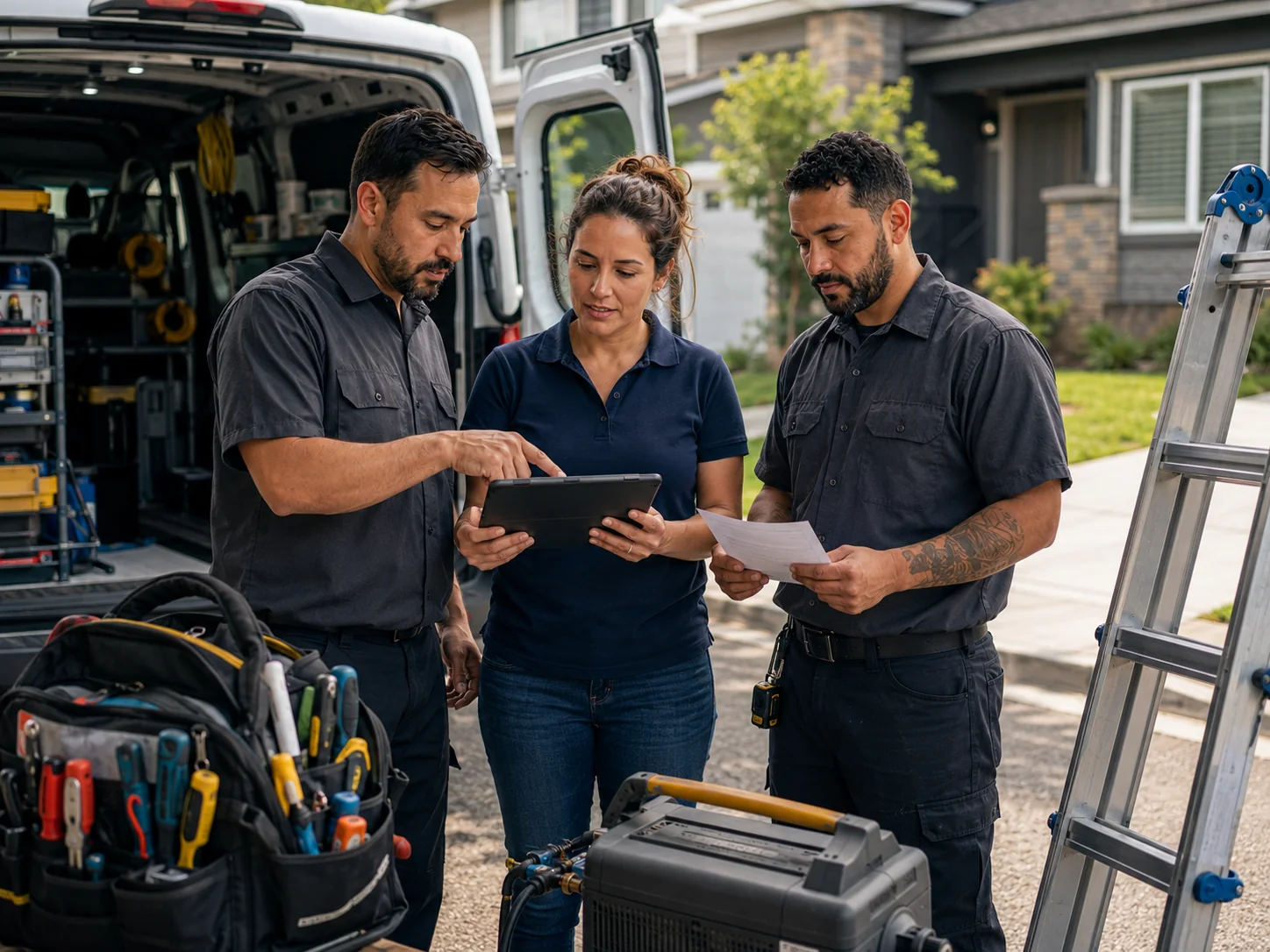 Home service team reviewing a project plan beside their service van