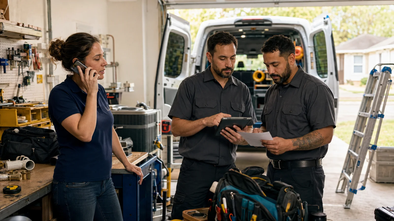Home service dispatcher on a business call while technicians review the job plan